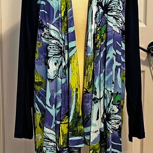 CARDIGAN, DRAPE FRONT, BLUE FLORAL MIX, SIZE 3X, LONG SLEEVES, LONG LENGTH, JOAN